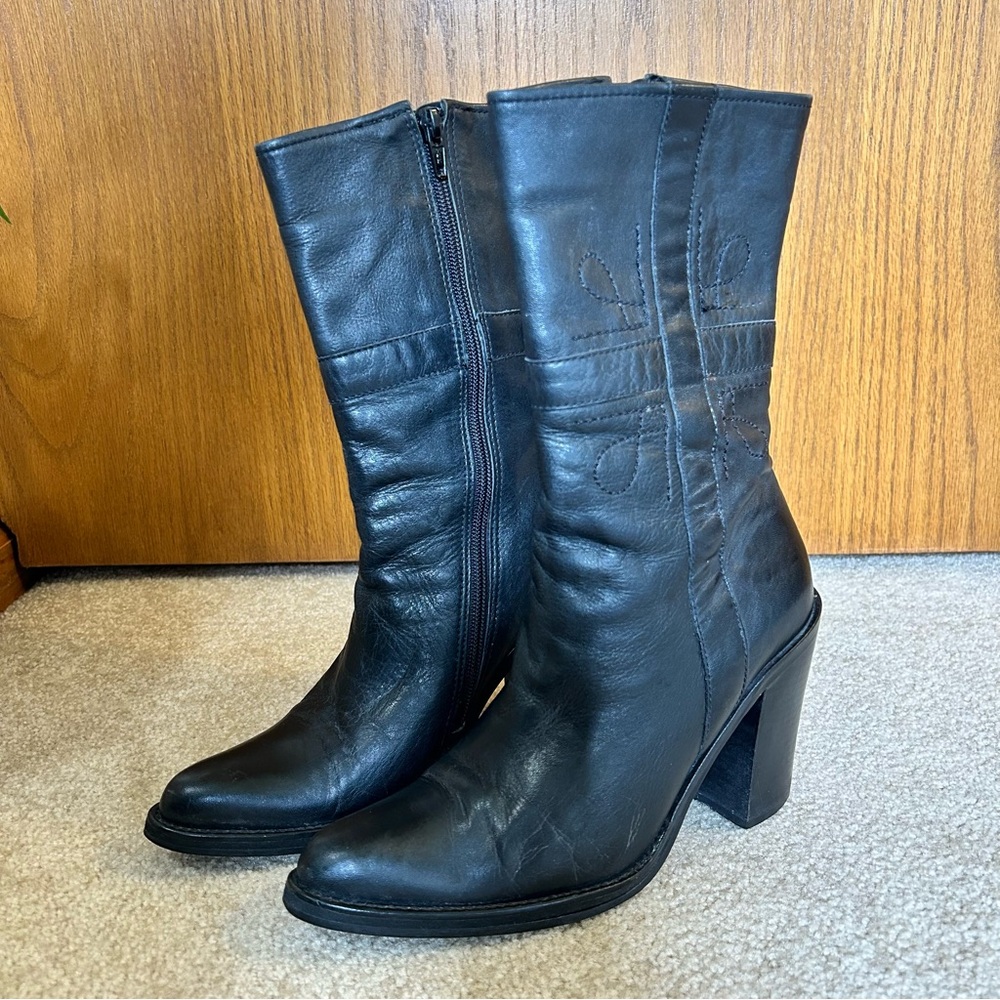 Western Genuine Leather Mid-Calf Block Heel Black Boots